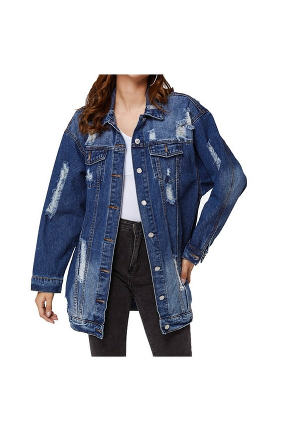 Women's Jean Jacket Women's Baggy Ripped Lapel Denim Jacket Fall Long Coat Long Sleeves Denim Jean Jacket S-161 Blue XL