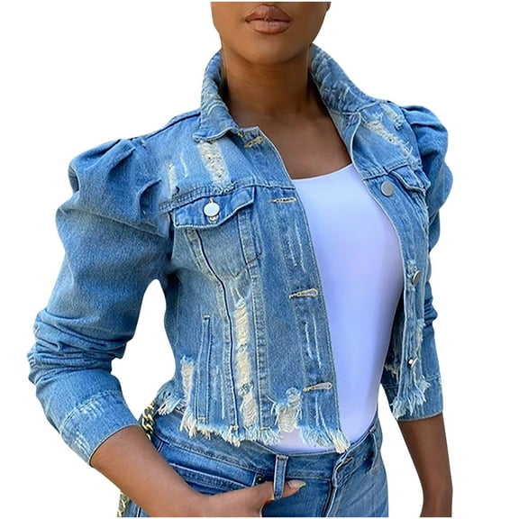 Women's Jean Jacket Women's Street Short Lapel Frayed Breasted Puff Sleeve Slim Jacket Blue Jean Jackets for Women S-48 Blue S