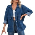 thumbnail image 1 of Women's Jean Jackets Oversized Boyfriends Long Sleeve Button up Denim Jackets, Fall Streetwear Coats with Pockets Dark Blue S, 1 of 3
