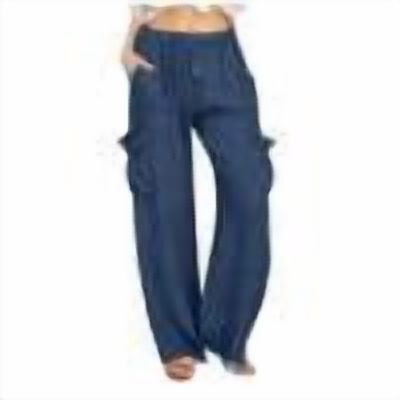 Women’s Jean Look Pants Drawstring Elastic Waist Loose Denim-Like Pants with Large Pocket Straight Leg Casual Trousers,Blue,S