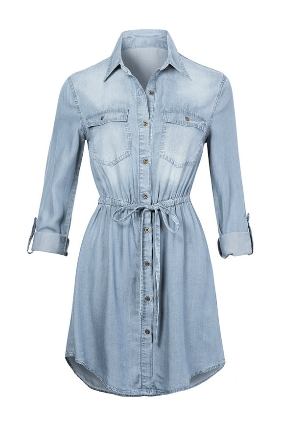 Women's Jean Shirt Dress Long Sleeves Waist Ties Casual Short Chambray Denim, Light Blue, X-Large