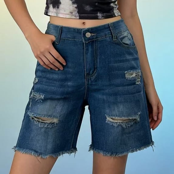 Women's Jean Shorts Bermuda Summer Demin Trendy Stretchy Ripped Raw Hem Cut Off Casual Distressed with Pockets