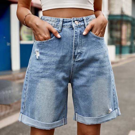 Women's Jean Shorts Stretchy Pull On Denim Button Zipper Short Summer Mid Waist Pockets Jean Shorts
