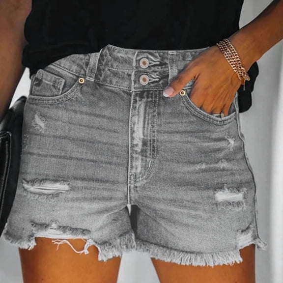 Women's Jean Shorts Stretchy Pull On Tattered Jeans Short High-Waisted Double-Button Comfortable Stretch Denim Shorts