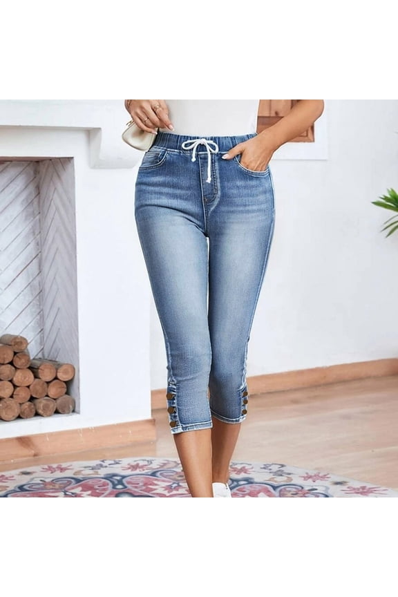 Women's Jeans Casual Elastic Waist Ties Stretch Jeans Cropped Pants Designer Wide Leg Pants for Women Size 12 Woman on Pants Temp Life Leggings New Wash Previously Viewed plus Size Women Pants Denim