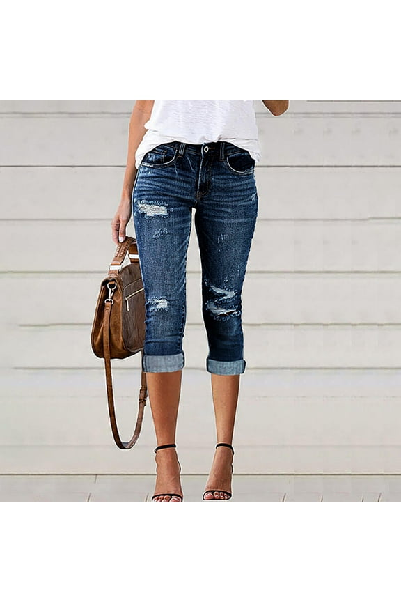 Women's Jeans Casual Fashionable Perforated Elastic Denim Capris Blue