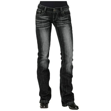 Women's Jeans Denim Jeans Stretch Mid Waisted Pants Button Straight Leg Jeans Skinny Fit Embroidered Trousers