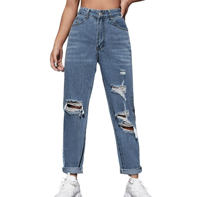 Women's Jeans Elastic Pockets Buttons High Waist Denim Hole Female Clothes  Spring Summer Comfy Leisure Loose Daily Simple Beach Style Ladies Jeans