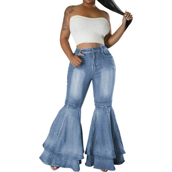 Women's Jeans European Fashion Wide Leg Wash Stretch Bottoms for Contemporary Style and Comfort Soft Cropped Jeans,Color:BU2,Size:XL