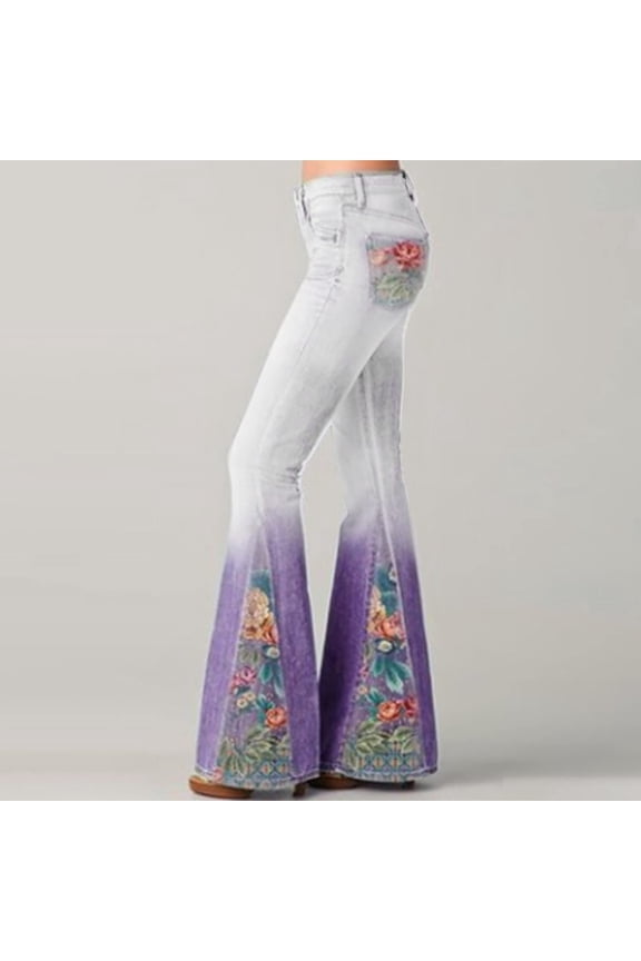 Women's Jeans Fashion High Waist Loose Pocket Lace-Up Flared Pants Stretch Cow Jeans Pants Loose Boyfriends Jeans Denim Pants Purple2,12