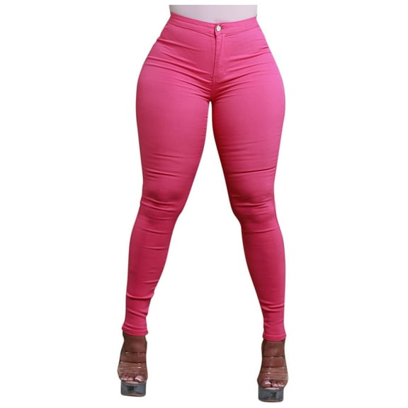 Women's Jeans Fashion High Waisted Petite Plus Size Stretch Solid Denim Pant Pants for Women Hot Pink M