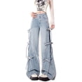 thumbnail image 1 of Women's Jeans - Fashionable Women's Wide Leg Denim Pants with Bow Tie Loose Fit Long Trousers for Autumn Style Soft Cropped Jeans,Color:Blue,Size:XL, 1 of 9