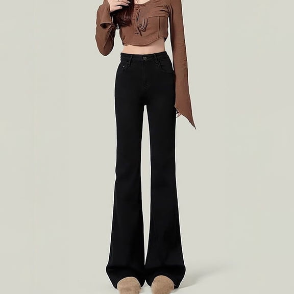 Women's Jeans Flare Bell Bottom Cute High Waist Stretchy Denim Pants with Pockets Low Rise Baggy Jeans for Women Black XS