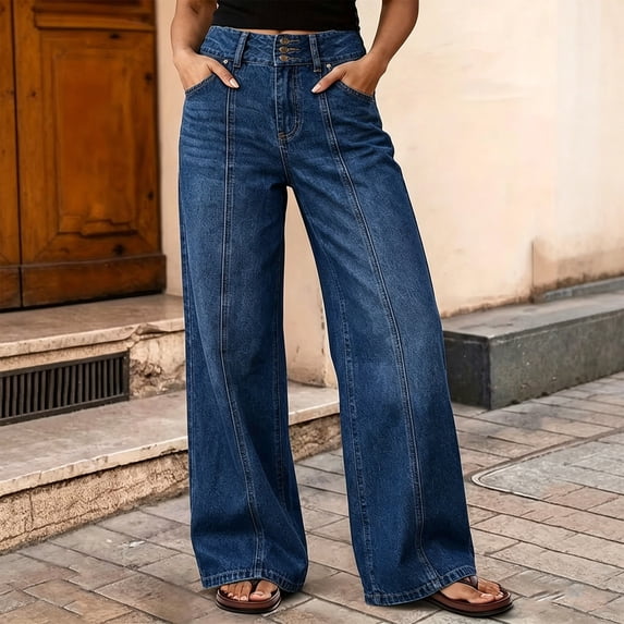 Women's Plus Size High Waisted Wide Leg Jeans with Button Pockets Casual Denim