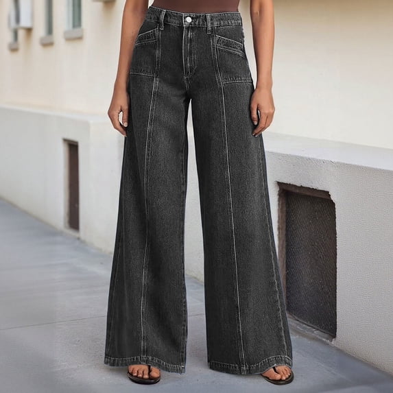 Women's Jeans High Rise Plus Size High Waisted Wide Leg Solid Front Denim Pants Casual Loose Functional Pockets