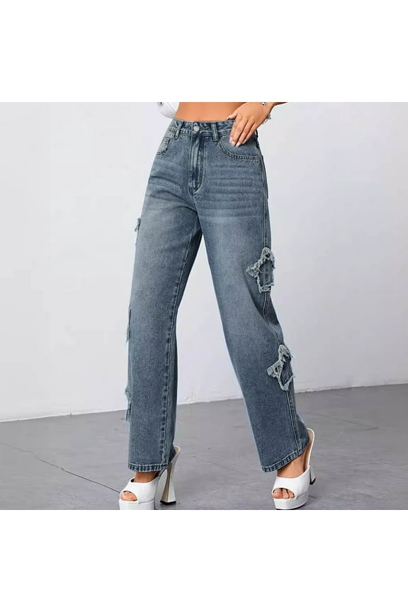 Women's Jeans High Rise Staright Leg Irregular-Star Shaped Straight-Leg High-Waisted Pocket Full Length Pants Jeans