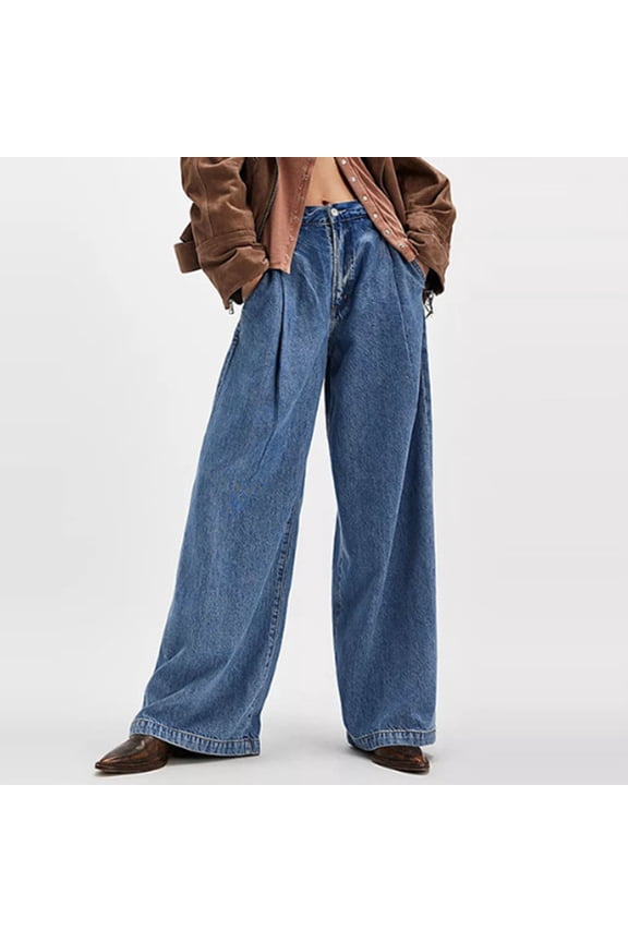 Women's Jeans High Rise Wide Leg Button Zipper Pockets Length Pants Jeans