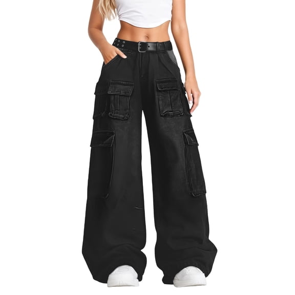 Women's Jeans High Street Cargo Pants Wide Leg Denim Trousers Loose Fit Casual Comfortable Daily Wear Soft Cropped Jeans,Color:Black,Size:M