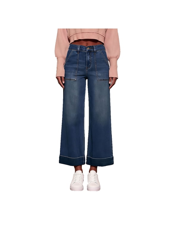 Women's Jeans High Waist Button Down Zip Straight Leg Denim Pants Trendy Stretch Trousers With Pockets (XXL, Blue)