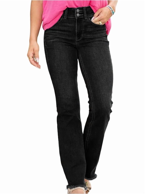 Straight Leg Jeans for Women High Waisted Stretchy Frayed Raw Hem Loose Denim Pants Casual Black XL