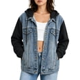thumbnail image 1 of Women's Jeans Jackets - Patchwork Denim Hoodie Jackets with Pockets Casual Fleece Button up Long Sleeve Drawstring Hooded Sweatshirt with Side Pockets, Xxl, 1 of 8