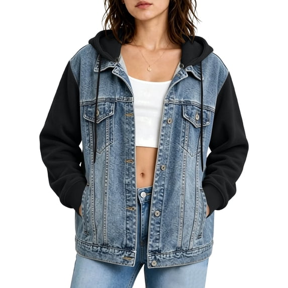Women's Jeans Jackets - Patchwork Denim Hoodie Jackets with Pockets Casual Fleece Button up Long Sleeve Drawstring Hooded Sweatshirt with Side Pockets, Xxl