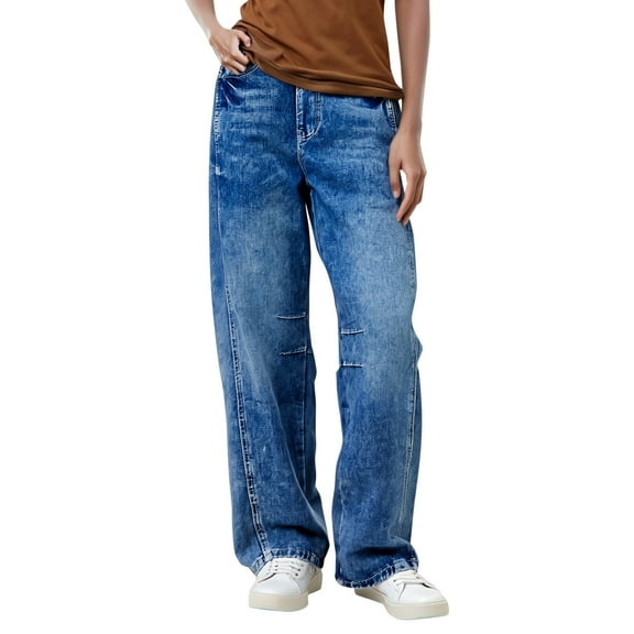 Women's Jeans Mid Rise Barrel Jeans for Women Wide Leg Cropped Denim Pants Baggy Boyfriend Jeans with Pockets Soft Cropped Jeans,Color:Blue,Size:M