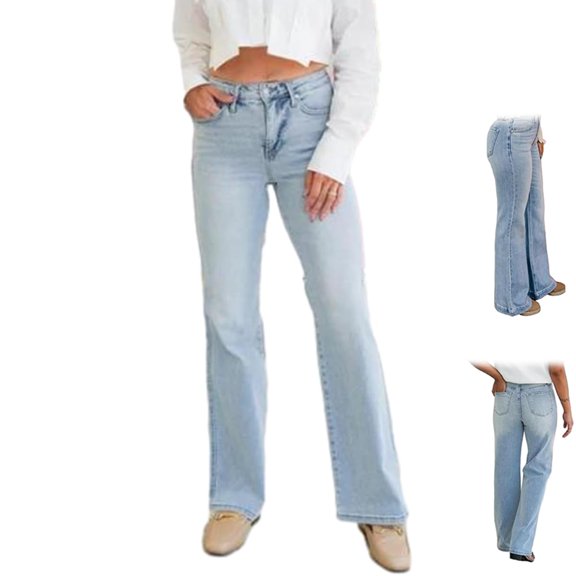 Women's Jeans, Plus Size Vintage Wash Stretchy Top Straight Leg, Casual High Waisted Tummy Control Jeans for Women (Regular,Large)