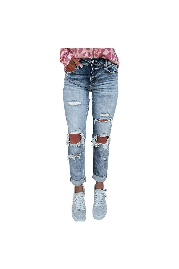 Women's Jeans Skinny Slim Fit Ripped Super Stretchy Comfy Denim Pants Women Fashion Solid Pokets Slim-Fit Skinny Denim Ripped Jeans Casual Pants Blue XL