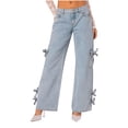 thumbnail image 1 of Women's Jeans Solid Color Button Zipper Pockets Length Pants Light Blue Denim Pants L, 1 of 9