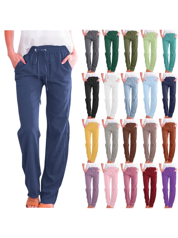 Women's Jeans Solid Color Drawstring Cotton Linen Casual Loose Wide Leg Straight Trousers Light Blue Denim Pants,2XL,ZX-Blue
