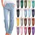 thumbnail image 1 of Women's Jeans Solid Color Drawstring Cotton Linen Casual Loose Wide Leg Straight Trousers Light Blue Denim Pants S, 1 of 7