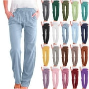 GMLURU Women's Jeans Solid Color Drawstring Cotton Linen Casual Loose Wide Leg Straight Trousers Light Blue Denim Pants S