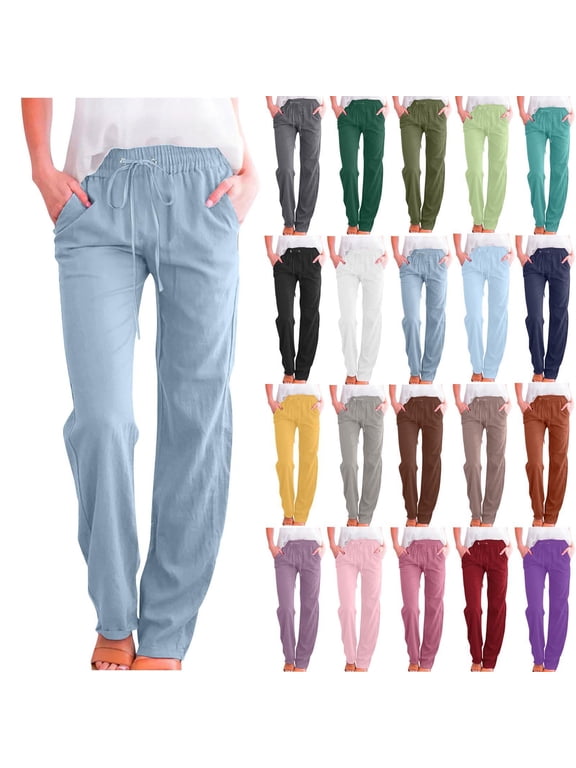 Women's Jeans Solid Color Drawstring Cotton Linen Casual Loose Wide Leg Straight Trousers Light Blue Denim Pants,XL,Light Blue-A