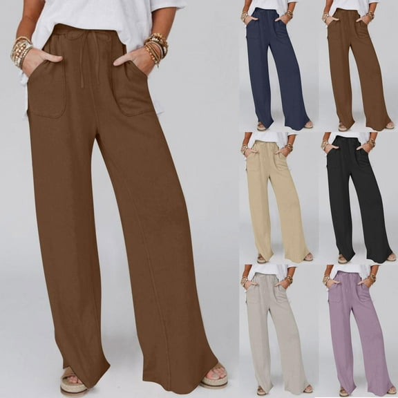 Women's Jeans Solid Color Drawstring Cotton and Linen Casual Loose Wide-Leg Straight Long Pants with Pockets Brown Wide Leg Denim Pants L