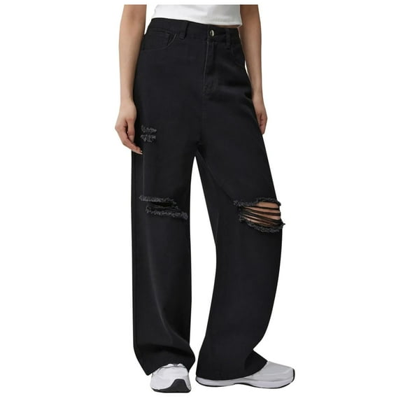 Women's Jeans Solid Color Long Pants Casual Pocket Buton Zipper Black Wide Leg Denim Pants S