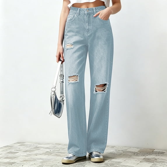 Women's Jeans Straight Leg Plus Size Ripped Solid Color Denim Pocket Loose Trousers