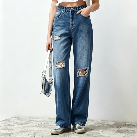 Women's Jeans Straight Leg Plus Size Ripped Solid Color Denim Pocket Loose Trousers