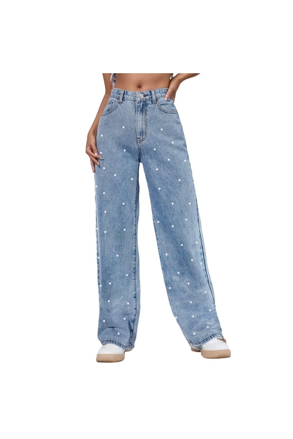 Women's Jeans Straight Leg with Pearl Embellishments Comtable Stretch Denim Pants Women Jeans
