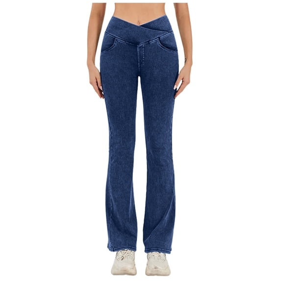 Women's Jeans Stylish Waistband Elastic Double Pocket Sports Yoga Fitness Jeans Pants Soft Cropped Jeans,Color:Dark Blue,Size:L