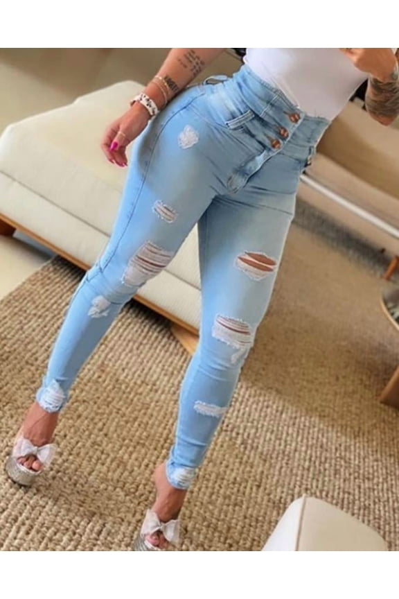 Women's Jeans Trend High Waist Buttoned Cutout Ripped Casual Skinny Plain Pocket Design Daily Long Jeans