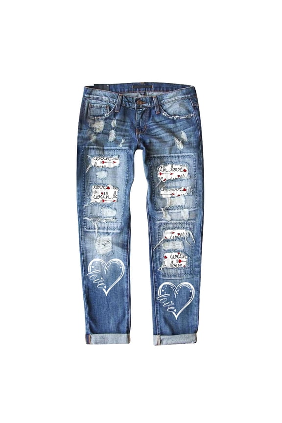 Women's Jeans Valentines Heart Printed Ripped Straight Leg Mid Rise Denim Festive Pattern Plus Size Casual Jeans