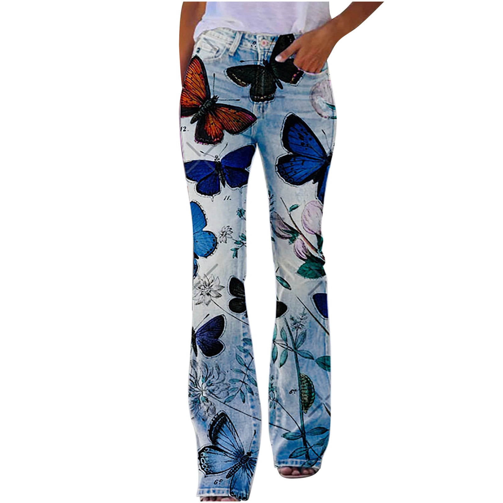 Trend4us Pearl-Trim Printed Wide-Leg Denim Pants