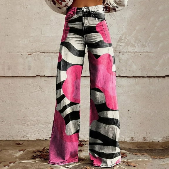 Women's Jeans Wide Leg Pants Woman High Waist Floral Patterned Pants Lightweight Loose Fit Casual Colorful Trouser Imitation Jeans,Pink Women's Jeans XXXL