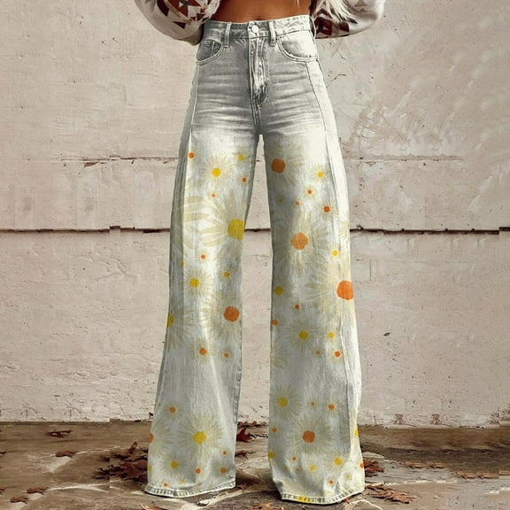 Women's Jeans Wide Leg Pants Woman High Waist Floral Patterned Pants Lightweight Loose Fit Casual Colorful Trouser Imitation Jeans,White Women's Jeans S