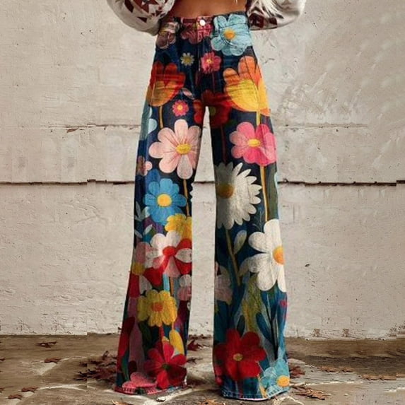 Women's Jeans, Wide Leg Pants Woman High Waist Floral Patterned Pants Lightweight Loose Fit Casual Colorful Trouser Imitation Jeans,Women's Jeans XXL