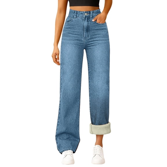 Women's Jeans Wide Leg Pants Woman High Waisted Warm Denim Pants for Women Blue Jeans Women Womens Pants