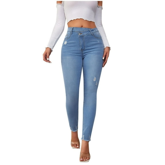 Women's Jeans with Elastic High Waist Design and Small Straight Leg Cut for Effortless Style and Comfort Soft Cropped Jeans,Color:Blue,Size:XXL