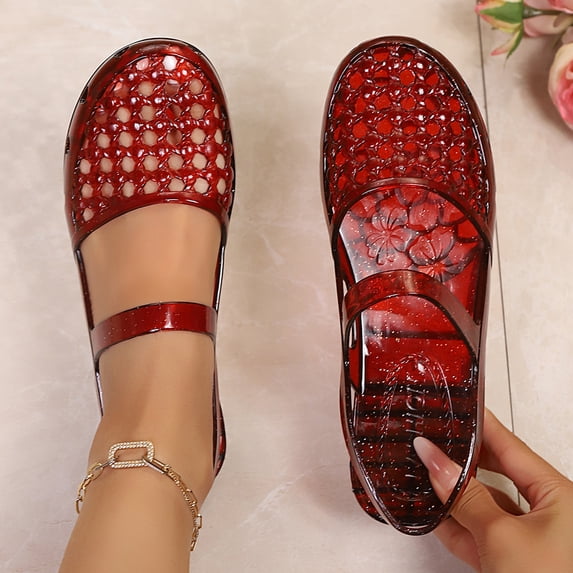 Women's Jelly Ballet Flats Buckle Strap Comfortable Casual Mary Jane Flat Lightweight Mesh Clear Beach-Sandals Summer Beach Hollow Dressy Shoes Wine 6.5