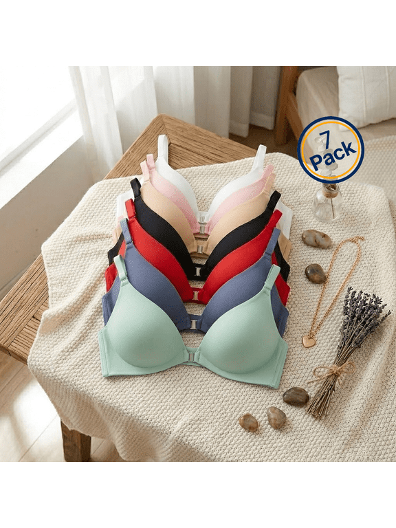 Women's Jelly Bra,V-Neck Front Closure Wire-Free Bra,Light Padded Breathable Thin Cup,7 Pack,Assorted Colors